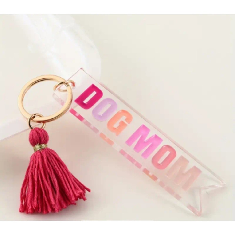 Dog Mom Acrylic Keychain with Pink Tassel Gold Tone Hardware Clear Pink